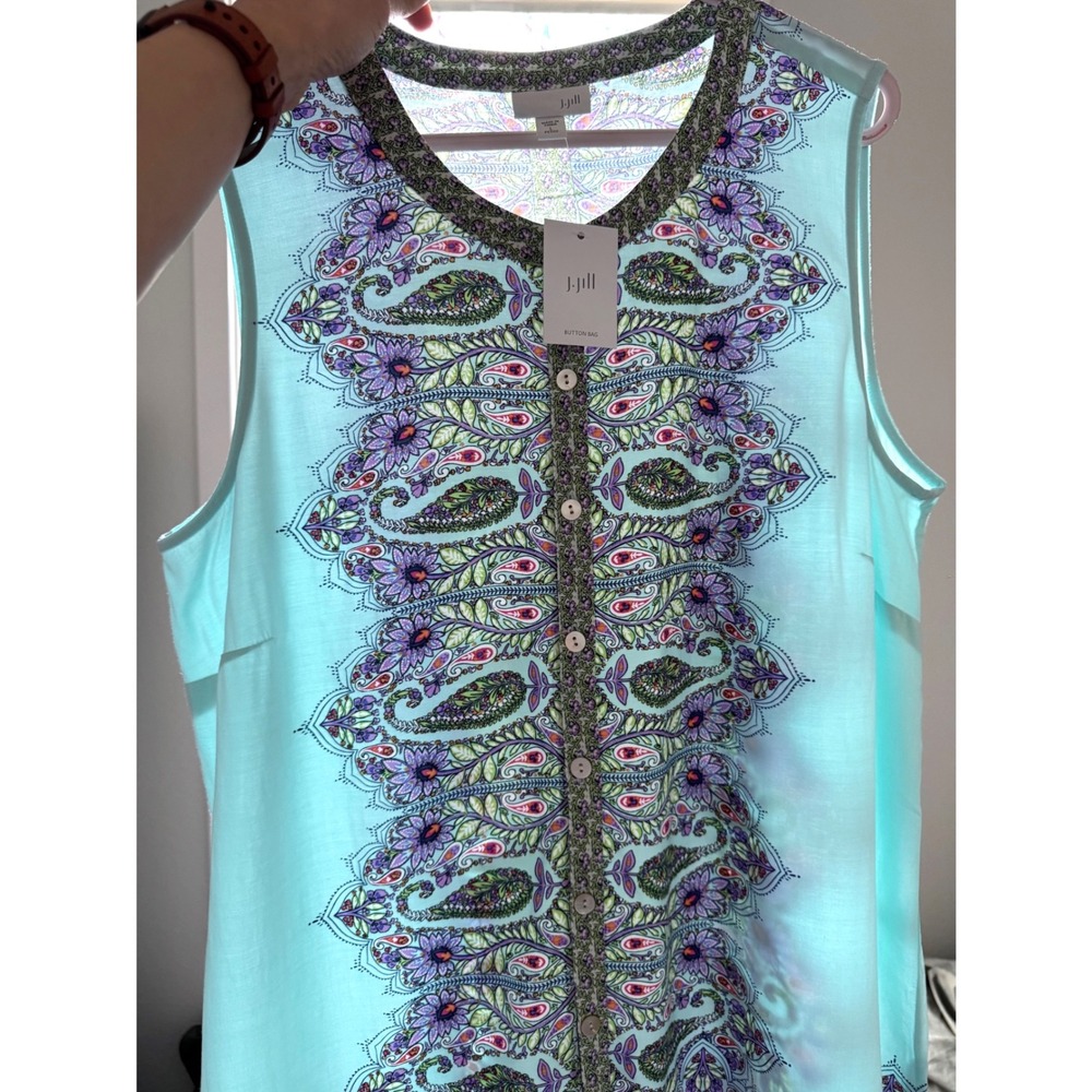 NWT J. Jill‎ Womens Paisley Floral Sleeveless Tunic Top Aqua Blue Petite Large - Picture 4 of 7